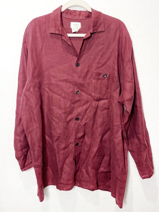 Flax Tops - Flax Burgundy Maroon Button Front Top 100% Linen Oversized Medium Lagenlook Art